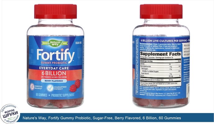 Nature\'s Way, Fortify Gummy Probiotic, Sugar-Free, Berry Flavored, 6 Billion, 60 Gummies