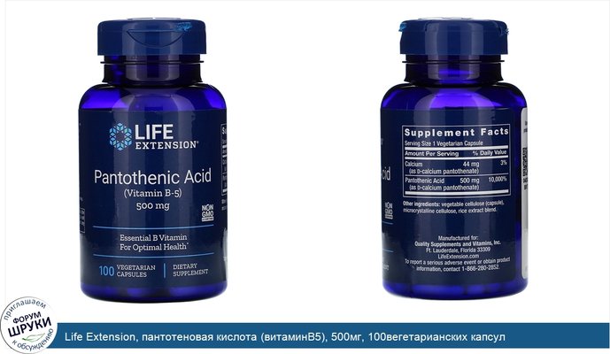 Life Extension, пантотеновая кислота (витаминB5), 500мг, 100вегетарианских капсул