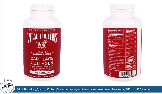 Vital Proteins, Доктор Кайла Дэниэлс, хрящевой коллаген, коллаген 2-го типа, 750 мг, 360 капсул