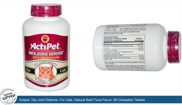 Actipet, Hip Joint Defense, For Cats, Natural Beef Tuna Flavor, 90 Chewable Tablets