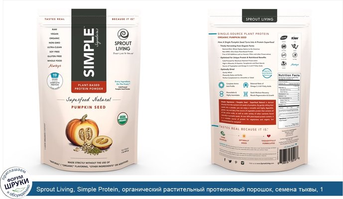 Sprout Living, Simple Protein, органический растительный протеиновый порошок, семена тыквы, 1 фунт (454 г)