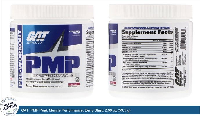 GAT, PMP Peak Muscle Performance, Berry Blast, 2.09 oz (59.5 g)