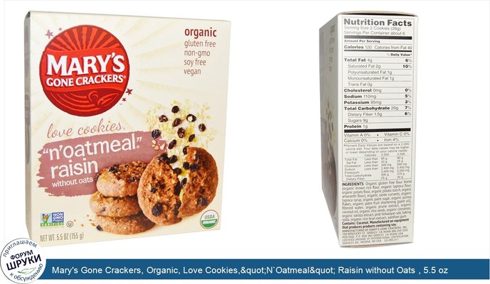 Mary\'s Gone Crackers, Organic, Love Cookies,&quot;N`Oatmeal&quot; Raisin without Oats , 5.5 oz (155 g)