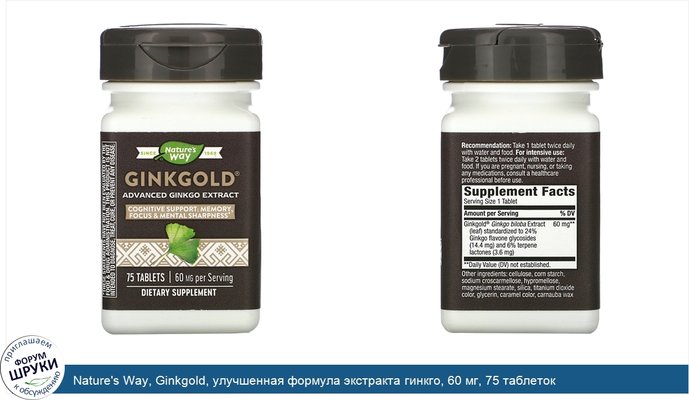 Nature\'s Way, Ginkgold, улучшенная формула экстракта гинкго, 60 мг, 75 таблеток