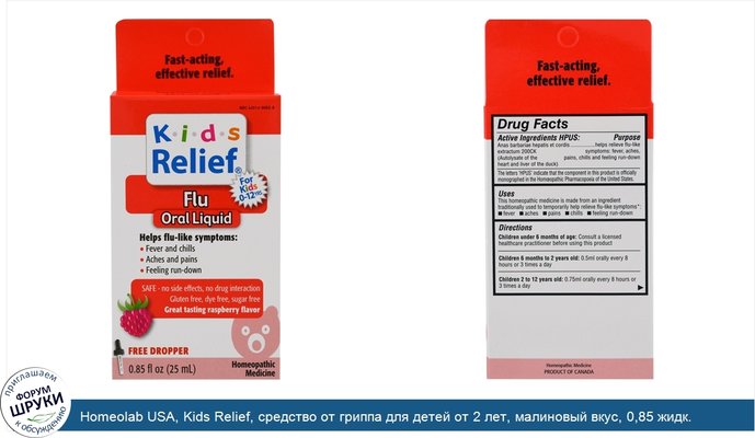 Homeolab USA, Kids Relief, средство от гриппа для детей от 2 лет, малиновый вкус, 0,85 жидк. унц. (25 мл)