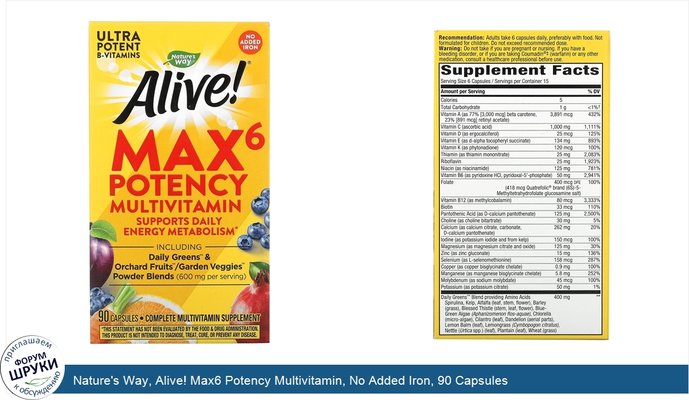 Nature\'s Way, Alive! Max6 Potency Multivitamin, No Added Iron, 90 Capsules