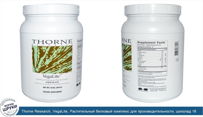 Thorne Research, VegaLite, Растительный белковый комплекс для производительности, шоколад 16 унции (454 г)