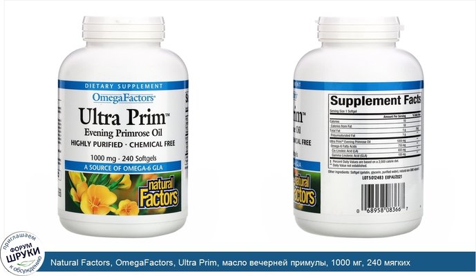 Natural Factors, OmegaFactors, Ultra Prim, масло вечерней примулы, 1000 мг, 240 мягких желатиновых капсул