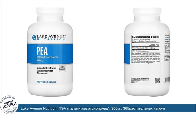 Lake Avenue Nutrition, ПЭА (пальмитоилэтаноламид), 300мг, 365растительных капсул