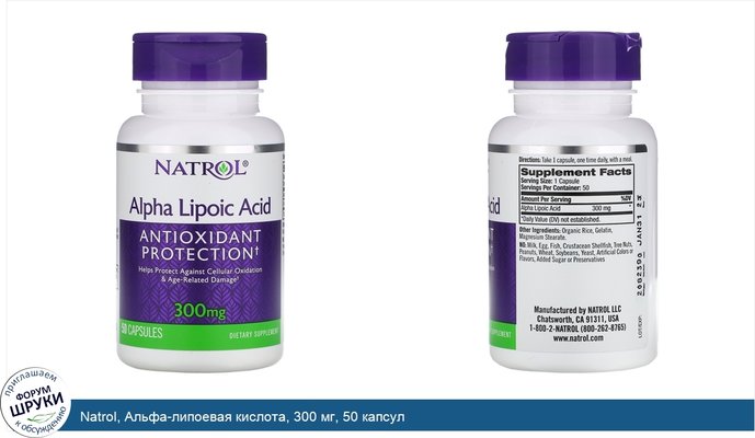 Natrol, Альфа-липоевая кислота, 300 мг, 50 капсул