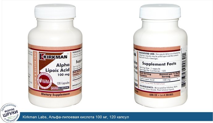 Kirkman Labs, Альфа-липоевая кислота 100 мг, 120 капсул