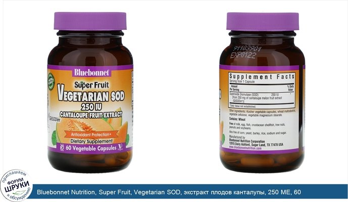 Bluebonnet Nutrition, Super Fruit, Vegetarian SOD, экстракт плодов канталупы, 250 МЕ, 60 растительных капсул