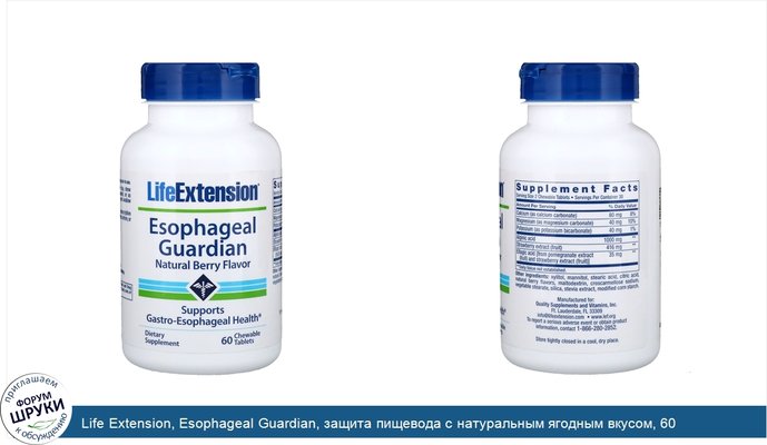 Life Extension, Esophageal Guardian, защита пищевода с натуральным ягодным вкусом, 60 жевательных таблеток