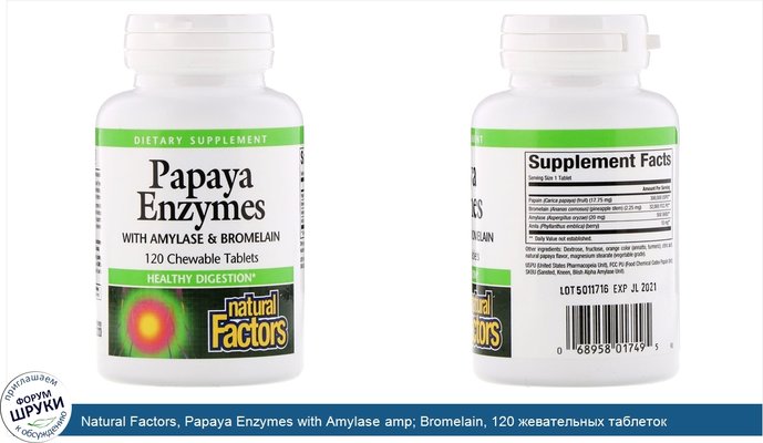 Natural Factors, Papaya Enzymes with Amylase amp; Bromelain, 120 жевательных таблеток