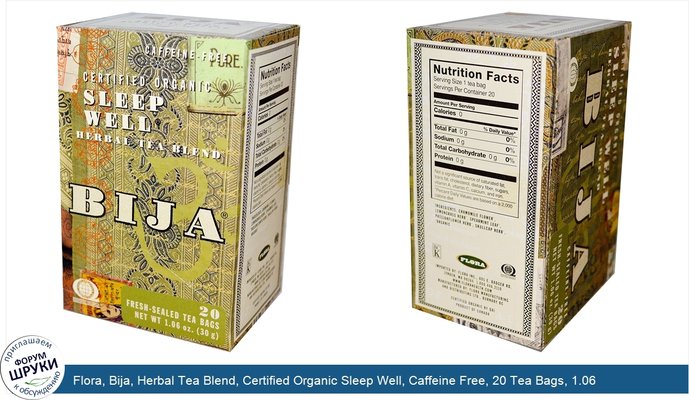Flora, Bija, Herbal Tea Blend, Certified Organic Sleep Well, Caffeine Free, 20 Tea Bags, 1.06 oz (30 g)