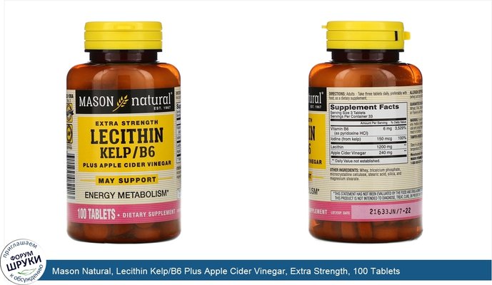 Mason Natural, Lecithin Kelp/B6 Plus Apple Cider Vinegar, Extra Strength, 100 Tablets