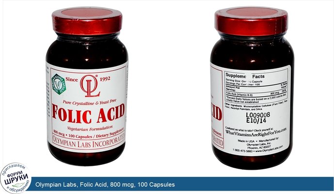 Olympian Labs, Folic Acid, 800 mcg, 100 Capsules