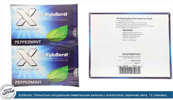 Xyloburst, Полностью натуральная жевательная резинка с ксилитолом, перечная мята, 12 упаковок, 12 штук в упаковке