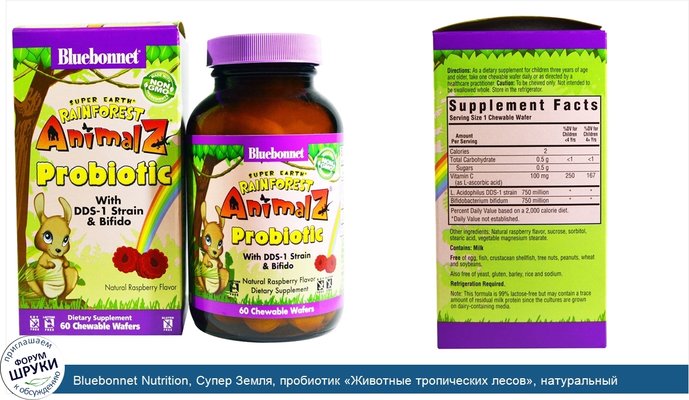 Bluebonnet Nutrition, Супер Земля, пробиотик «Животные тропических лесов», натуральный малиновый вкус, 60 жевательных пластинок