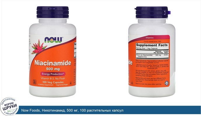 Now Foods, Никотинамид, 500 мг, 100 растительных капсул