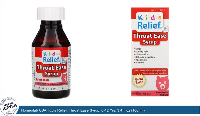 Homeolab USA, Kid\'s Relief, Throat Ease Syrup, 0-12 Yrs, 3.4 fl oz (100 ml)