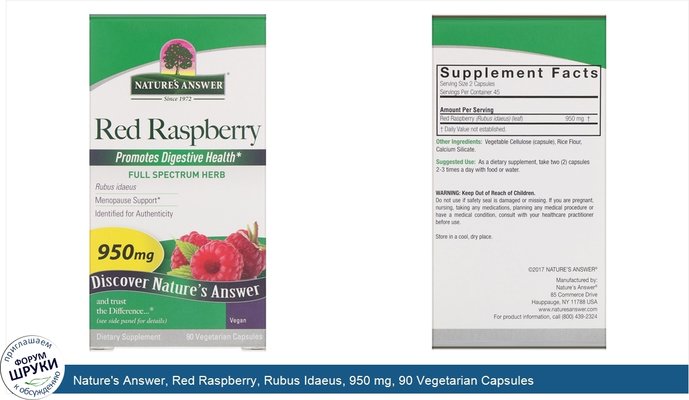 Nature\'s Answer, Red Raspberry, Rubus Idaeus, 950 mg, 90 Vegetarian Capsules