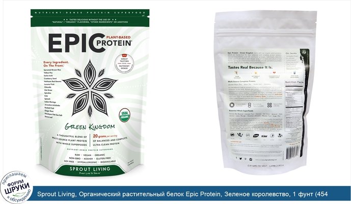 Sprout Living, Органический растительный белок Epic Protein, Зеленое королевство, 1 фунт (454 г)