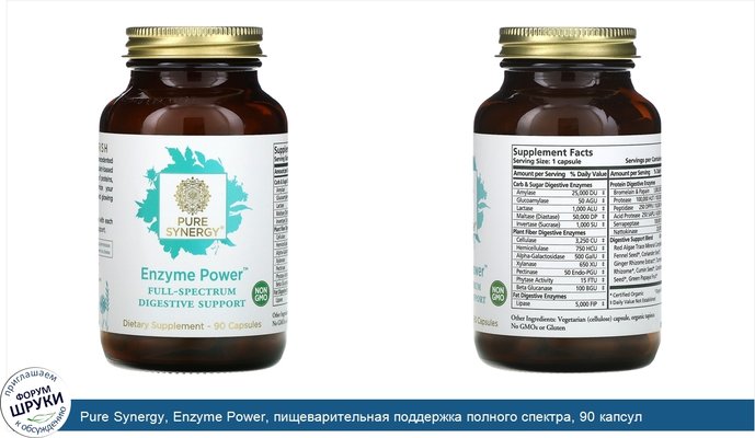 Pure Synergy, Enzyme Power, пищеварительная поддержка полного спектра, 90 капсул