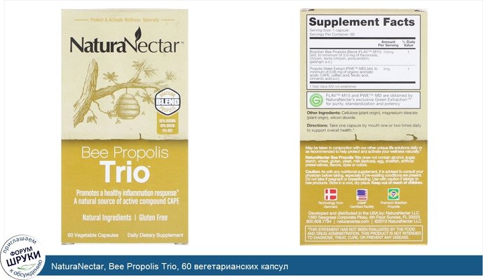 NaturaNectar, Bee Propolis Trio, 60 вегетарианских капсул