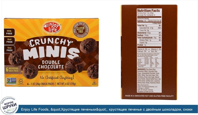 Enjoy Life Foods, &quot;Хрустящие печеньки&quot;, хрустящее печенье с двойным шоколадом, снэки в отдельных упаковках, 6 шт. по 1 унции (28 г)