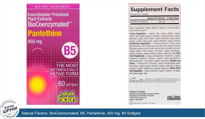 Natural Factors, BioCoenzymated, B5, Pantethine, 450 mg, 60 Softgels