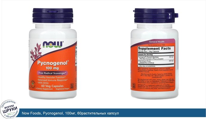 Now Foods, Pycnogenol, 100мг, 60растительных капсул