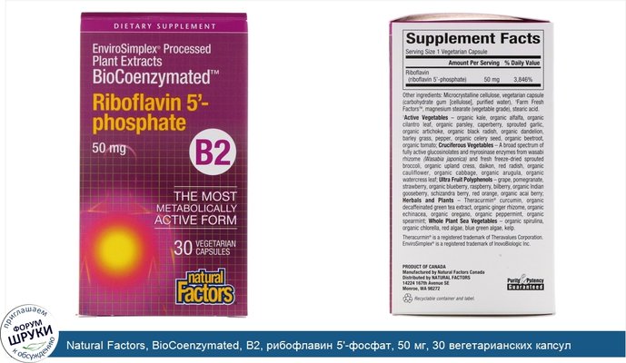 Natural Factors, BioCoenzymated, B2, рибофлавин 5\'-фосфат, 50 мг, 30 вегетарианских капсул