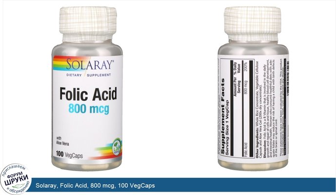 Solaray, Folic Acid, 800 mcg, 100 VegCaps