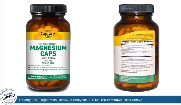 Country Life, Target-Mins, магний в капсулах, 300 мг, 120 вегетарианских капсул