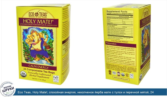 Eco Teas, Holy Mate!, спокойная энергия, некопченое йерба мате с тулси и перечной мятой, 24 чайных пакетика, 1,7 унции (48 г)