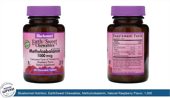 Bluebonnet Nutrition, EarthSweet Chewables, Methylcobalamin, Natural Raspberry Flavor, 1,000 mcg, 60 Chewable Tablets