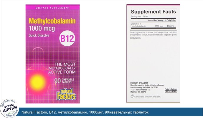 Natural Factors, B12, метилкобаламин, 1000мкг, 90жевательных таблеток