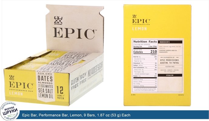 Epic Bar, Performance Bar, Lemon, 9 Bars, 1.87 oz (53 g) Each