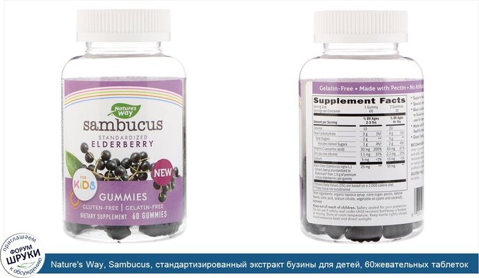 Nature\'s Way, Sambucus, стандартизированный экстракт бузины для детей, 60жевательных таблеток