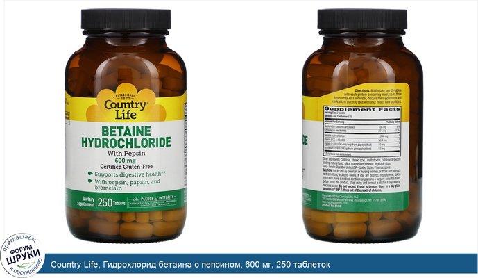 Country Life, Гидрохлорид бетаина с пепсином, 600 мг, 250 таблеток