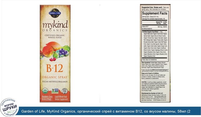Garden of Life, MyKind Organics, органический спрей с витамином B12, со вкусом малины, 58мл (2 жидк.унции)