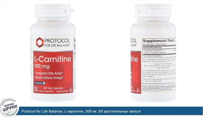 Protocol for Life Balance, L-карнитин, 500 мг, 60 растительных капсул
