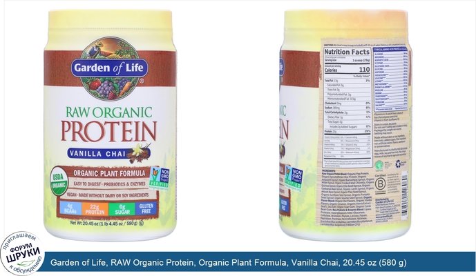 Garden of Life, RAW Organic Protein, Organic Plant Formula, Vanilla Chai, 20.45 oz (580 g)