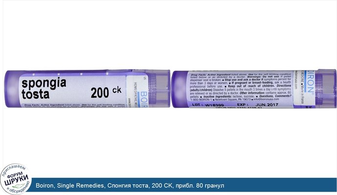 Boiron, Single Remedies, Спонгия тоста, 200 CK, прибл. 80 гранул