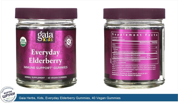 Gaia Herbs, Kids, Everyday Elderberry Gummies, 40 Vegan Gummies