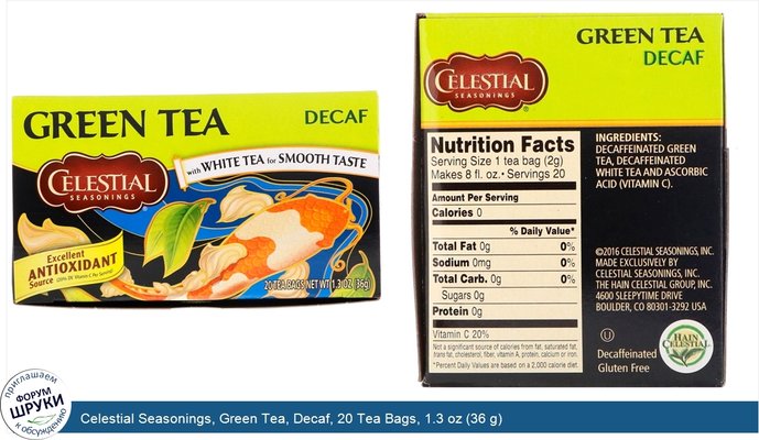 Celestial Seasonings, Green Tea, Decaf, 20 Tea Bags, 1.3 oz (36 g)