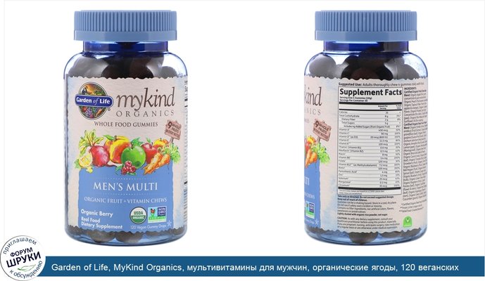 Garden of Life, MyKind Organics, мультивитамины для мужчин, органические ягоды, 120 веганских жевательных таблеток