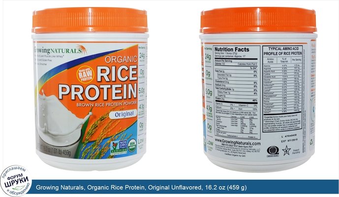 Growing Naturals, Organic Rice Protein, Original Unflavored, 16.2 oz (459 g)