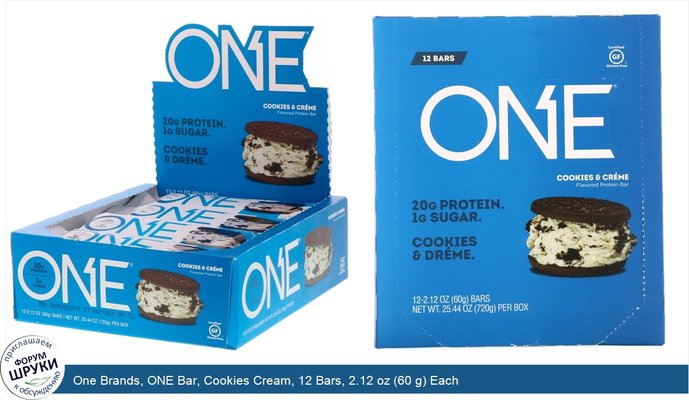 One Brands, ONE Bar, Cookies Cream, 12 Bars, 2.12 oz (60 g) Each